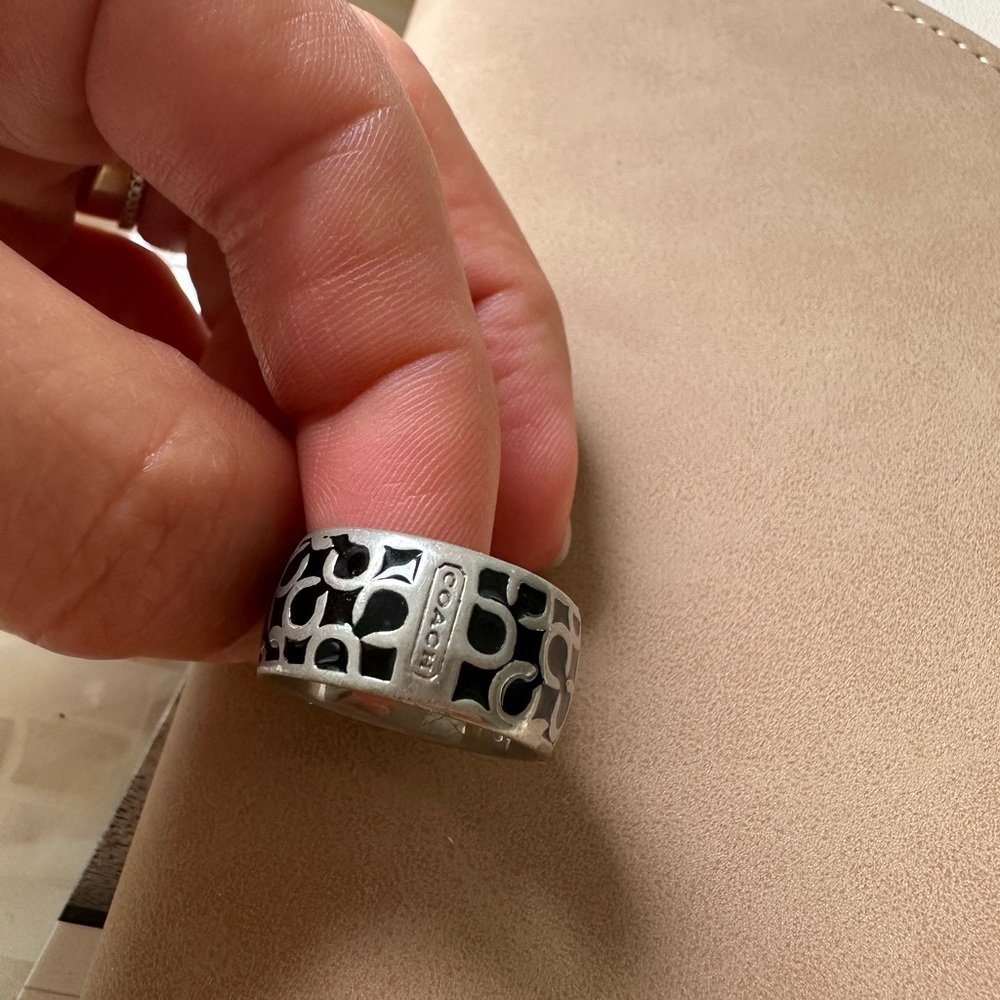 Coach Women's Silver and Black Ring